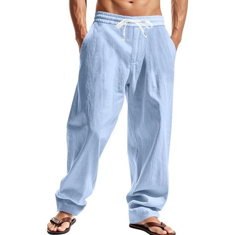 imageMens Linen Pants Casual Summer Beach Pants Elastic Waist Drawstring Lightweight Vacation Trousers with PocketsBlue