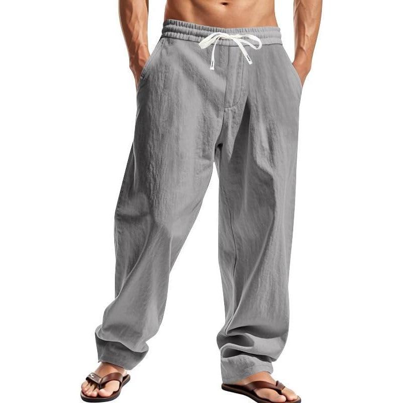 imageMens Linen Pants Casual Summer Beach Pants Elastic Waist Drawstring Lightweight Vacation Trousers with PocketsGrey