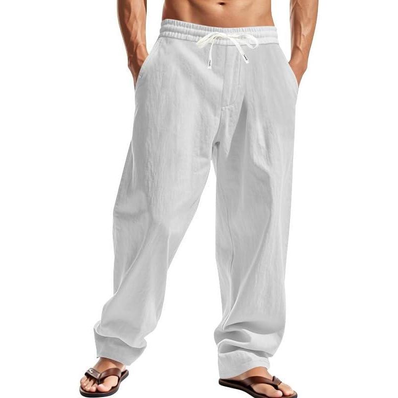 imageMens Linen Pants Casual Summer Beach Pants Elastic Waist Drawstring Lightweight Vacation Trousers with PocketsLight Grey