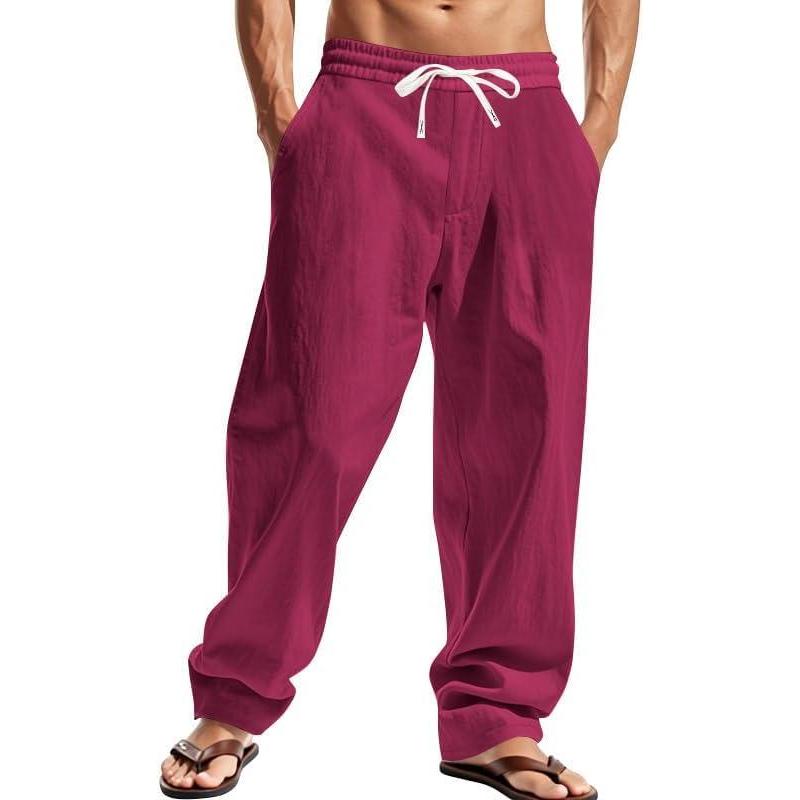 imageMens Linen Pants Casual Summer Beach Pants Elastic Waist Drawstring Lightweight Vacation Trousers with PocketsWine Red