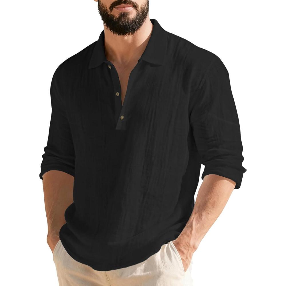 imageMens Linen Polo Shirts Long Sleeve Yoga Tops Casual Summer Hippie Beach TShirtsBlack