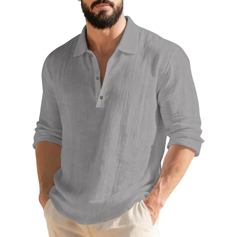 imageMens Linen Polo Shirts Long Sleeve Yoga Tops Casual Summer Hippie Beach TShirtsGrey