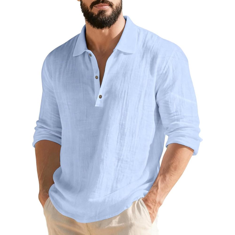 imageMens Linen Polo Shirts Long Sleeve Yoga Tops Casual Summer Hippie Beach TShirtsLight Blue