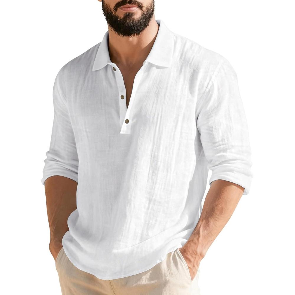 imageMens Linen Polo Shirts Long Sleeve Yoga Tops Casual Summer Hippie Beach TShirtsWhite