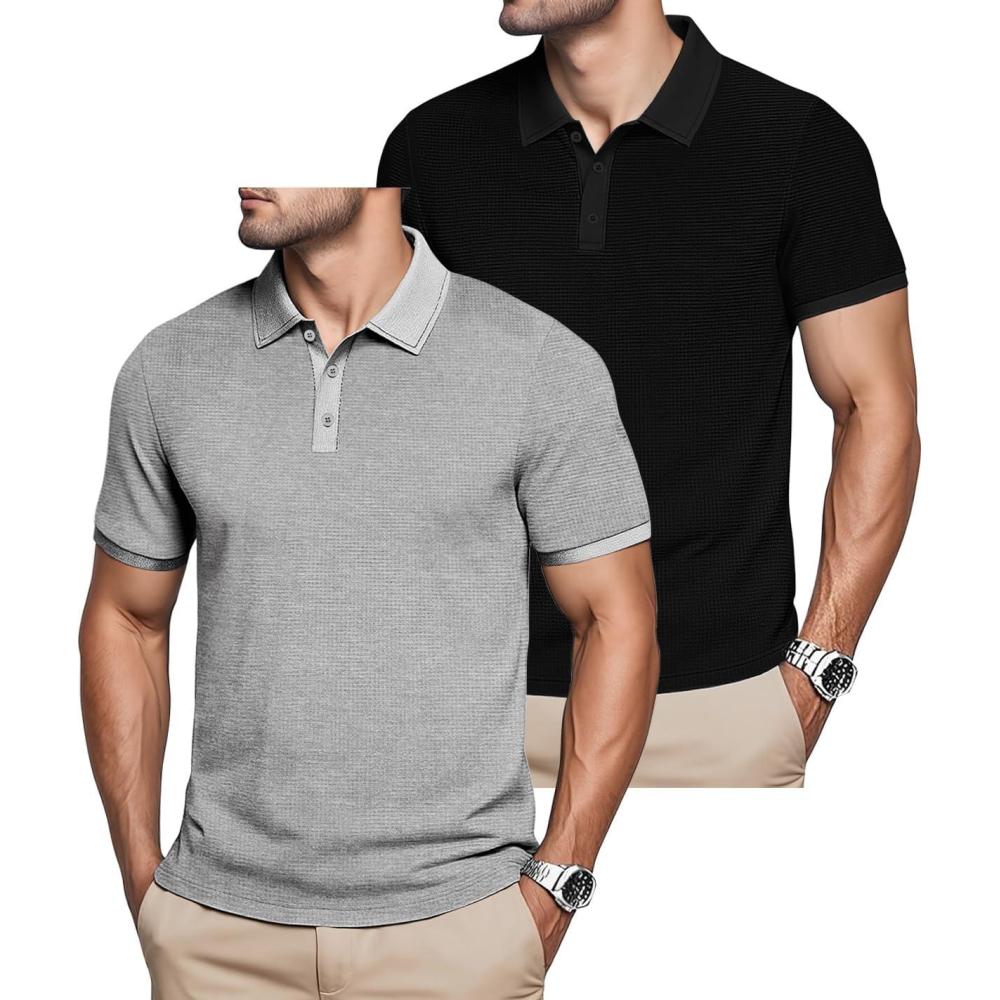 imageMens Polo Shirts 2 Pack Breathable Short Sleeve Golf Shirt Casual Button Down Shirt Lightweight Collared Waffle ShirtsBlackgrey