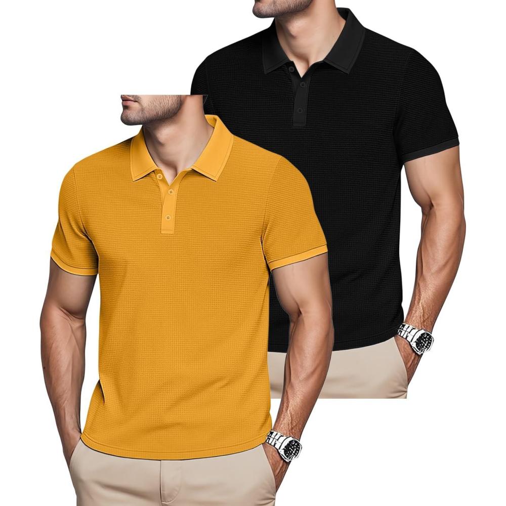 imageMens Polo Shirts 2 Pack Breathable Short Sleeve Golf Shirt Casual Button Down Shirt Lightweight Collared Waffle ShirtsBlackyellow