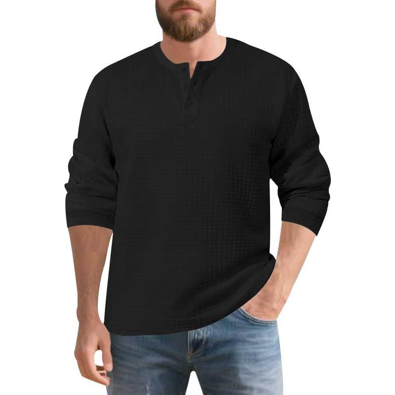 imageMens Quarter Button Sweater Mock Neck Pullover Sweater Fashion Casual Knitted Waffle Henley SweaterBlack