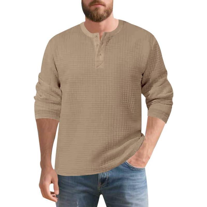 imageMens Quarter Button Sweater Mock Neck Pullover Sweater Fashion Casual Knitted Waffle Henley SweaterKhaki