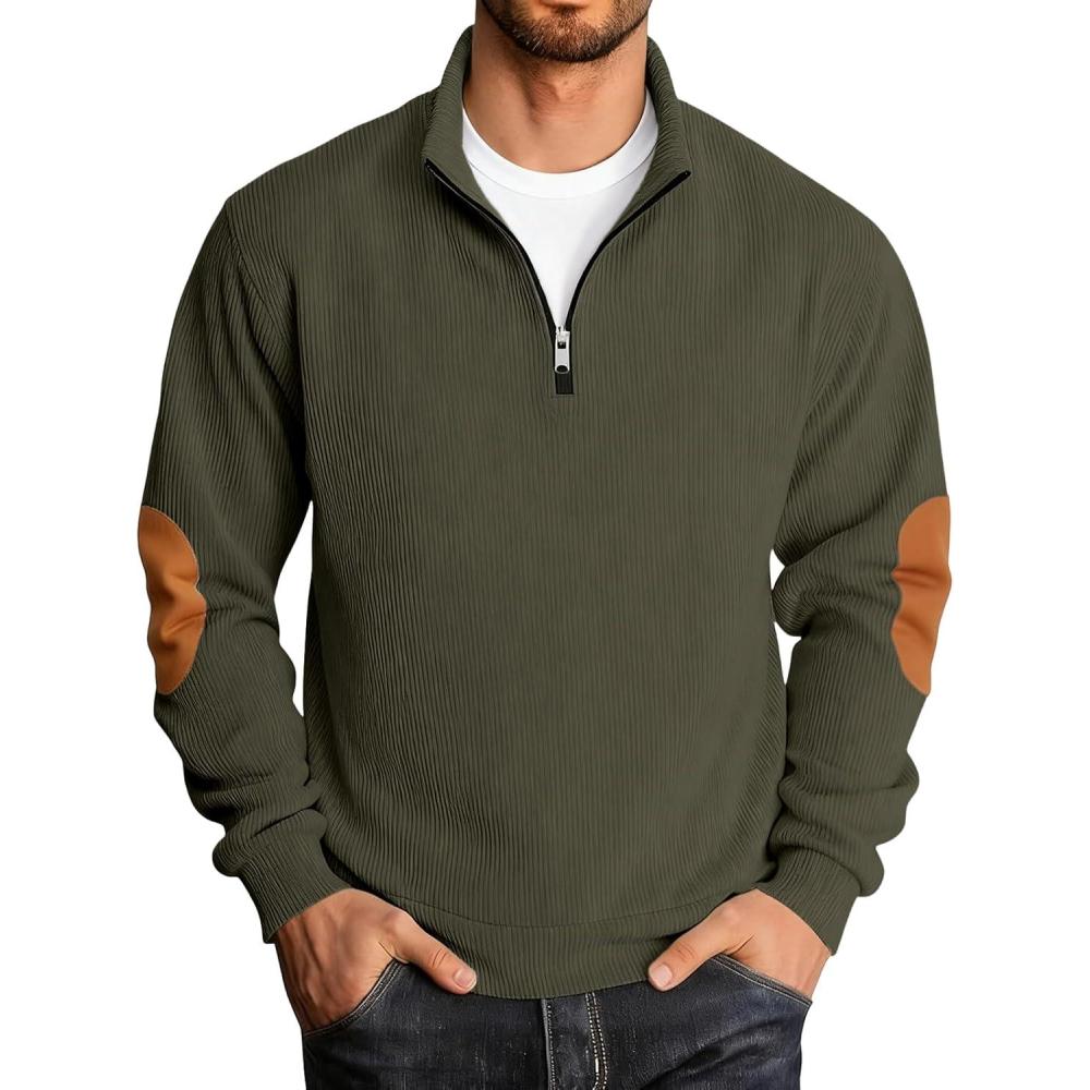 imageMens Quarter Zipper Pullover Corduroy Sweatshirts Casual Stand Collar Long Sleeve Knit Top Outdoor SweaterArmy Green