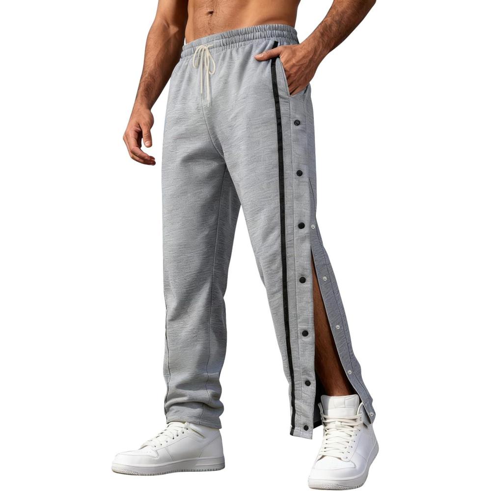 imageMens Youth Tear Away Sweatpants Loose Fit Snap Button Athletic Jogger Basketball Pants with PocketsGrey