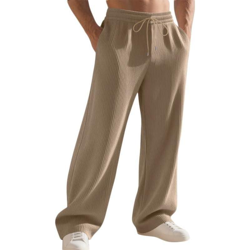 imageTRFIC Mens Loose Fit Jacquard Stripes Casual Pants Elastic Waist with PocketsKhaki