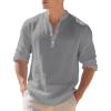 imageMens Linen Henley Shirts Casual Long Sleeve Hippie Yoga Tops Lightweight Summer Beach TShirtGrey