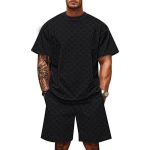Men’s 2 Piece Set Summer Outfits Casual Geometric Texture Short Sleeve Shirt and Shorts Track Suits for Men Set(Black)