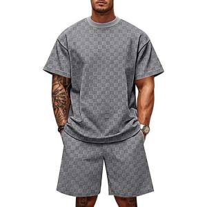 Men’s 2 Piece Set Summer Outfits Casual Geometric Texture Short Sleeve Shirt and Shorts Track Suits for Men Set(Grey)