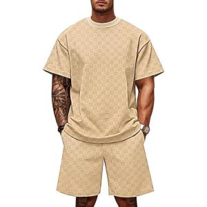 Men’s 2 Piece Set Summer Outfits Casual Geometric Texture Short Sleeve Shirt and Shorts Track Suits for Men Set(Khaki)