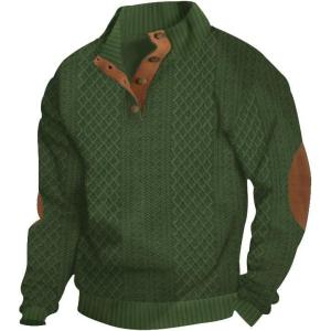 Men’s Block Striped Sweatshirt Casual Outdoor Long Sleeve Stand Collar Pullover Sweatshirt Button Quarter Sweater(Army Green)