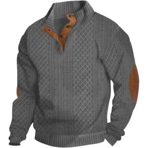 Men’s Block Striped Sweatshirt Casual Outdoor Long Sleeve Stand Collar Pullover Sweatshirt Button Quarter Sweater(Grey)