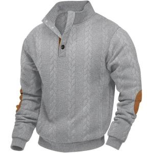 Men’s Block Striped Sweatshirt Casual Outdoor Long Sleeve Stand Collar Pullover Sweatshirt Button Quarter Sweater(Grey-2)