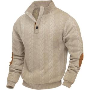 Men’s Block Striped Sweatshirt Casual Outdoor Long Sleeve Stand Collar Pullover Sweatshirt Button Quarter Sweater(Khaki-2)