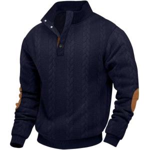 Men’s Block Striped Sweatshirt Casual Outdoor Long Sleeve Stand Collar Pullover Sweatshirt Button Quarter Sweater(Navy-2)