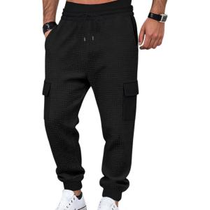 Mens Cargo Sweatpants Heavyweight Waffle Warm Winter Pants Athletic Drawstring Jogger Pants with Pockets(Black)
