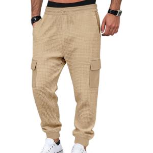 Mens Cargo Sweatpants Heavyweight Waffle Warm Winter Pants Athletic Drawstring Jogger Pants with Pockets(Khaki)