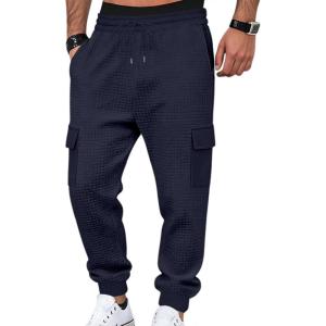 Mens Cargo Sweatpants Heavyweight Waffle Warm Winter Pants Athletic Drawstring Jogger Pants with Pockets(Navy Blue)