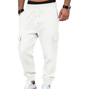 Mens Cargo Sweatpants Heavyweight Waffle Warm Winter Pants Athletic Drawstring Jogger Pants with Pockets(White)