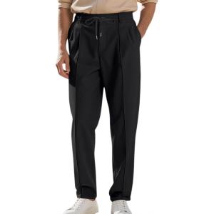 Men’s Casual Pants Elastic Drawstring Waist Pants Lightweight Loose Straight Leg Long Beach Sweatpants(Black)