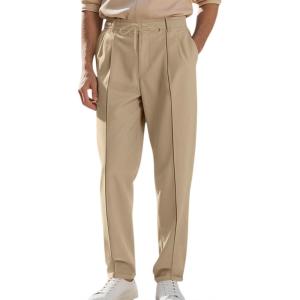 Men’s Casual Pants Elastic Drawstring Waist Pants Lightweight Loose Straight Leg Long Beach Sweatpants(Khaki)