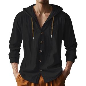 Mens Cotton Linen Hoodies Lightweight Long Sleeve Button Down Shirts Casual Hawaiian Beach Yoga Tops Sweatshirts(Black)
