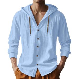 Mens Cotton Linen Hoodies Lightweight Long Sleeve Button Down Shirts Casual Hawaiian Beach Yoga Tops Sweatshirts(Light Blue)