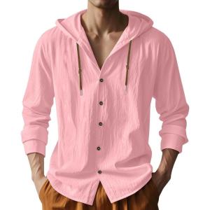 Mens Cotton Linen Hoodies Lightweight Long Sleeve Button Down Shirts Casual Hawaiian Beach Yoga Tops Sweatshirts(Pink)