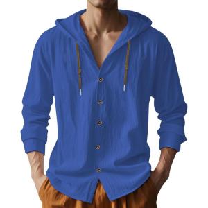 Mens Cotton Linen Hoodies Lightweight Long Sleeve Button Down Shirts Casual Hawaiian Beach Yoga Tops Sweatshirts(Royal Blue)
