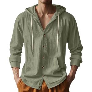 Mens Cotton Linen Long Sleeve Button Down Shirts with Pockets Casual Hawaiian Beach Shirts Lightweight Fashion Hoodies(Army Green)