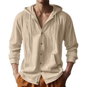 Mens Cotton Linen Long Sleeve Button Down Shirts with Pockets Casual Hawaiian Beach Shirts Lightweight Fashion Hoodies(Khaki)