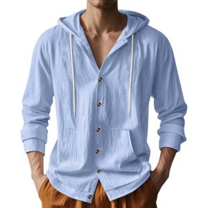 Mens Cotton Linen Long Sleeve Button Down Shirts with Pockets Casual Hawaiian Beach Shirts Lightweight Fashion Hoodies(Light Blue)