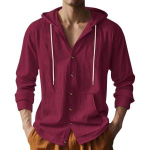 Mens Cotton Linen Long Sleeve Button Down Shirts with Pockets Casual Hawaiian Beach Shirts Lightweight Fashion Hoodies(Red Wine)