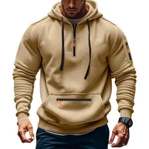 Men’s Fleece Hoodie Sweatshirts Workout Athletic Hoodies Long Sleeve Quarter Zip Pullover Sweatshirt with Kanga Pockets(Khaki)