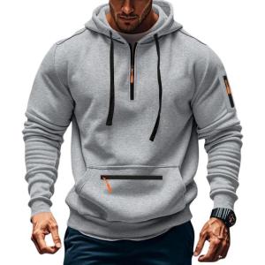 Men’s Fleece Hoodie Sweatshirts Workout Athletic Hoodies Long Sleeve Quarter Zip Pullover Sweatshirt with Kanga Pockets(Light Grey)