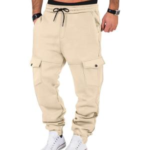 Mens Fleece Lined Sweatpants Warm Winter Athletic Jogger Pants with 6 Pockets Drawstring Outdoor Trousers(Apricot)