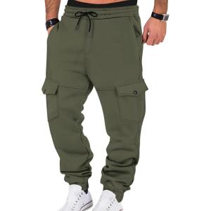 Mens Fleece Lined Sweatpants Warm Winter Athletic Jogger Pants with 6 Pockets Drawstring Outdoor Trousers(Army Green)