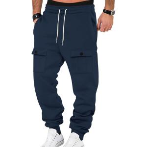Mens Fleece Lined Sweatpants Warm Winter Athletic Jogger Pants with 6 Pockets Drawstring Outdoor Trousers(Indigo Blue)