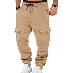 Mens Fleece Lined Sweatpants Warm Winter Athletic Jogger Pants with 6 Pockets Drawstring Outdoor Trousers(Khaki)