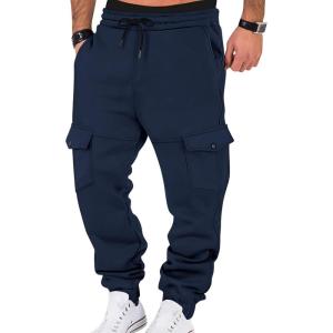 Mens Fleece Lined Sweatpants Warm Winter Athletic Jogger Pants with 6 Pockets Drawstring Outdoor Trousers(Navy)