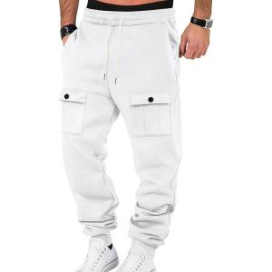 Mens Fleece Lined Sweatpants Warm Winter Athletic Jogger Pants with 6 Pockets Drawstring Outdoor Trousers(White)