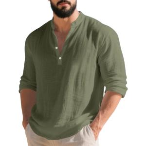 Mens Linen Henley Shirts Casual Long Sleeve Hippie Yoga Tops Lightweight Summer Beach T-Shirt(Army Green)