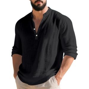 Mens Linen Henley Shirts Casual Long Sleeve Hippie Yoga Tops Lightweight Summer Beach T-Shirt(Black)