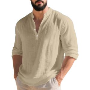 Mens Linen Henley Shirts Casual Long Sleeve Hippie Yoga Tops Lightweight Summer Beach T-Shirt(Khaki)