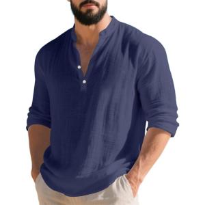 Mens Linen Henley Shirts Casual Long Sleeve Hippie Yoga Tops Lightweight Summer Beach T-Shirt(Navy)